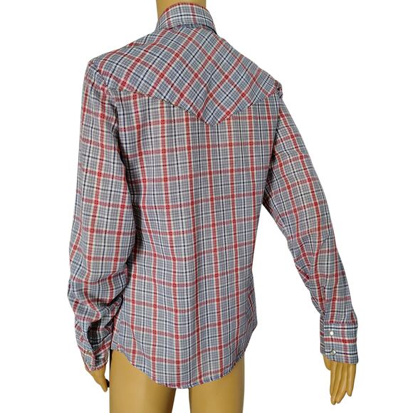 60s Levis Western Cowgirl Button Up Blue Red Shirt Pearl Snap Button Size Small - Picture 7 of 10